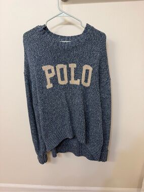 Ralph Lauren Navy Marled Crewneck Sweater with Cream POLO Logo